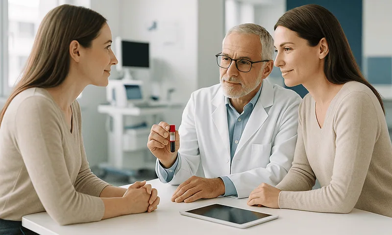 Doctor explaining anemia treatment options to two female patients in clinic.