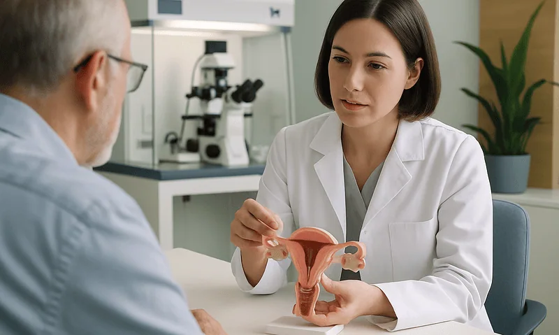 Medical consultation about reproductive health with a model of the female reproductive system.