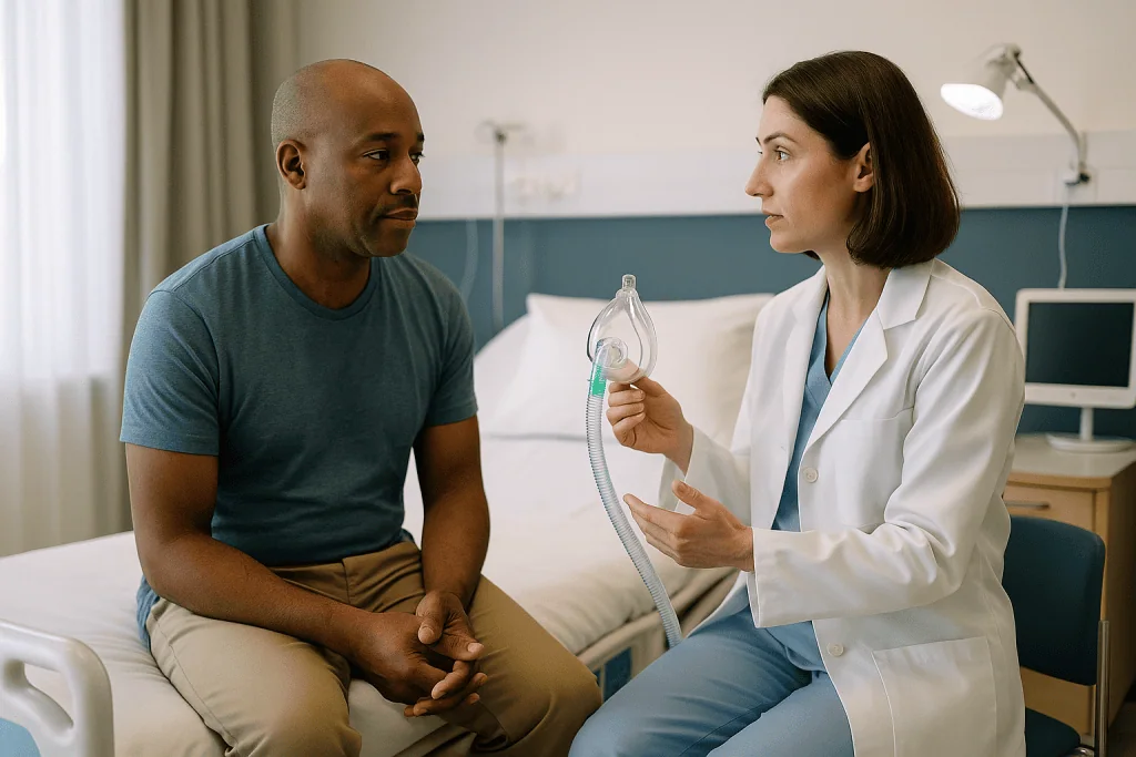 Doctor explaining medical device to patient in hospital room: Anesthesia for a hemorrhoidectomy: what your options usually a