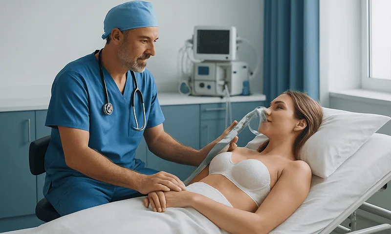 Doctor administering anesthesia to a patient in a hospital room.