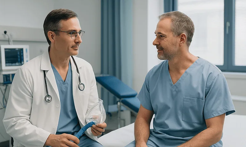 Doctor and patient discussing in hospital room during consultation.