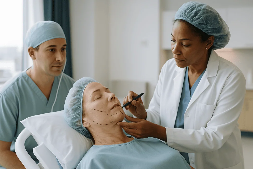 Surgeon marking facial surgery incisions on patient: Anesthesia, marking and the first hour