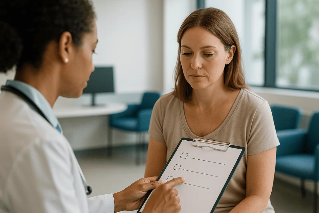 Doctor consulting patient with clipboard in clinic: Anesthesia options for laser liposuction: local, sedation and general