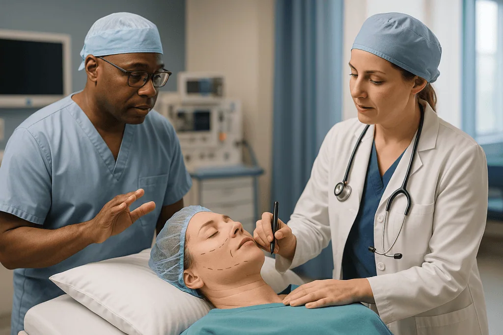 Surgeon marking patient's face for cosmetic procedure: Anesthesia, positioning and the first marks on the skin