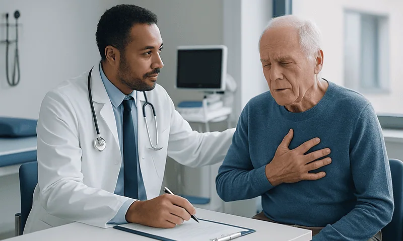 Doctor examining an elderly man with chest pain in a hospital setting.