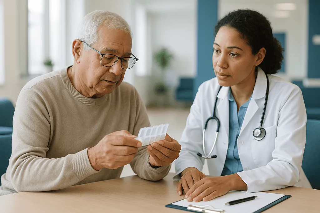 Doctor consulting with older male patient about medication: Angina medicines by class: what each one does and what changes w