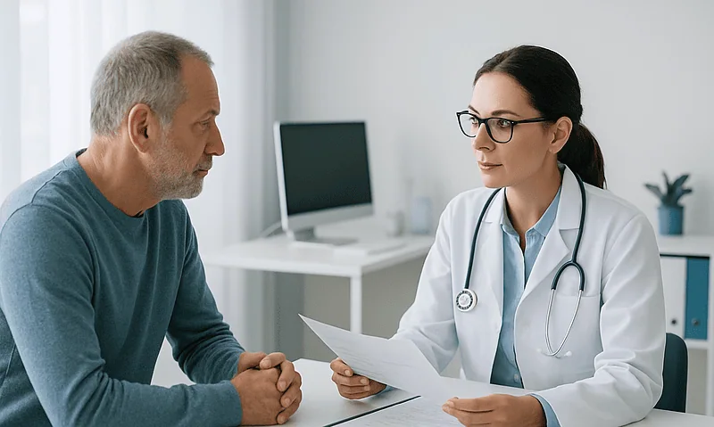 Angina Treatment in Older Adults and People With Diabetes: What Changes in the Plan 4 Doctor consulting with an older male patient in a medical office.