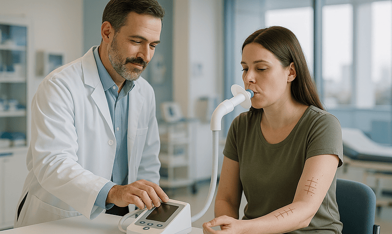 Doctor examining patient with respiratory device in hospital setting.