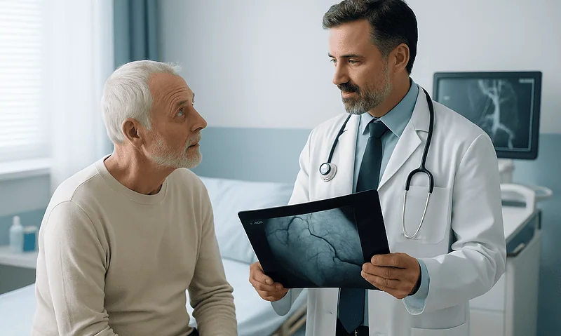 Doctor explaining angiogram results to an elderly patient in a hospital room.