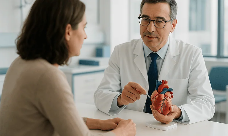 Cardiologist explaining heart anatomy to a patient in a medical consultation room.