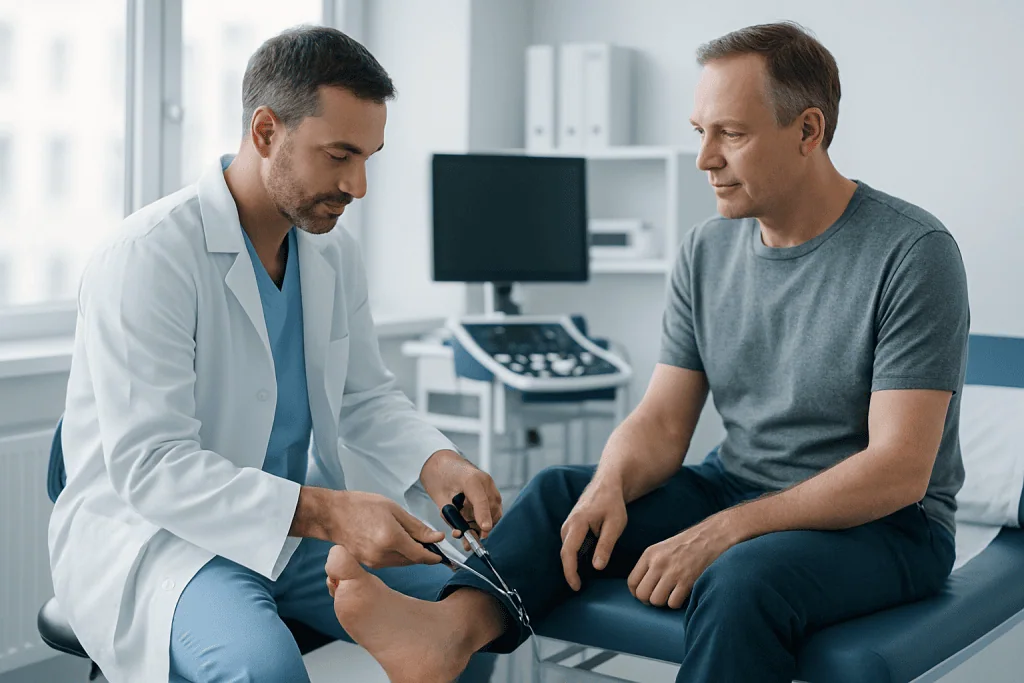 Ankle Arthroscopy 1 Doctor examining patient's ankle with medical tools in clinic setting.