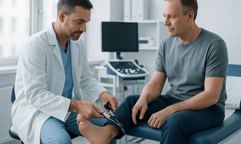 Doctor examining patient's ankle with medical tools in clinic setting.