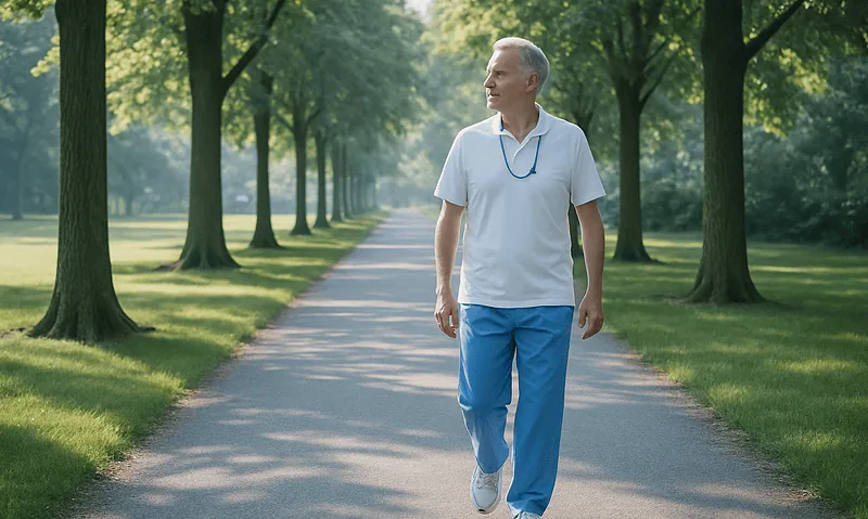 Healthcare professional walking outdoors in a park with trees and sunlight.