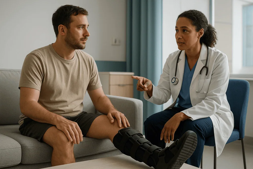 Doctor consulting patient with leg boot in clinic: Ankle arthroscopy recovery time: what the typical ranges really mean