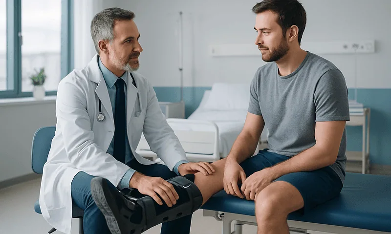 Doctor examining a patient's ankle in a hospital room.