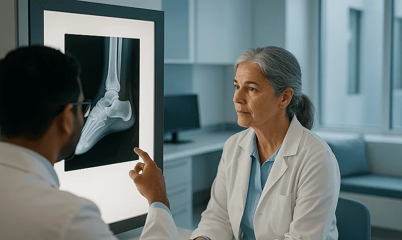 Doctor explaining ankle X-ray to patient in a medical consultation room.