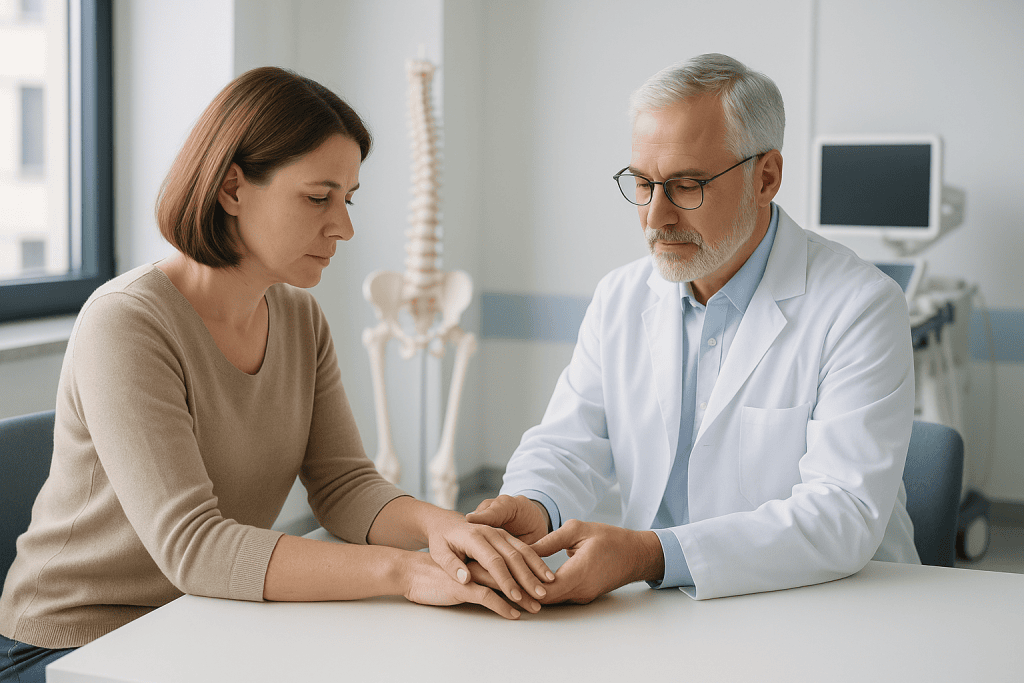 Ankylosing Spondylitis 1 Doctor examining patient's hand in a medical consultation at Acibadem Hospital.