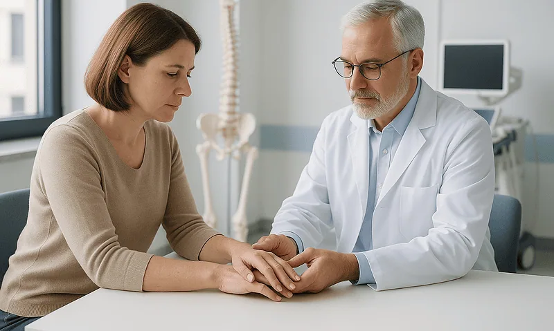 Doctor examining patient's hand in a medical consultation at Acibadem Hospital.