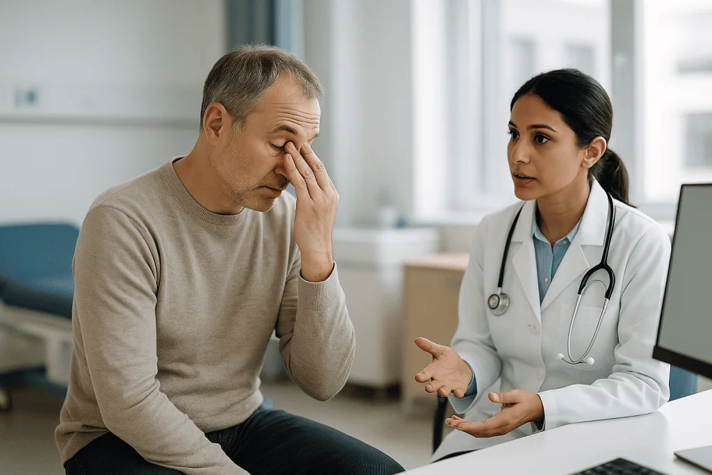 Doctor consulting with middle-aged male patient in clinic: Ankylosing spondylitis eye pain: how uveitis usually announces it