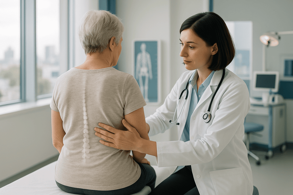 Ankylosing Spondylitis Treatment 1 Doctor examining a patient with back pain in a hospital setting.