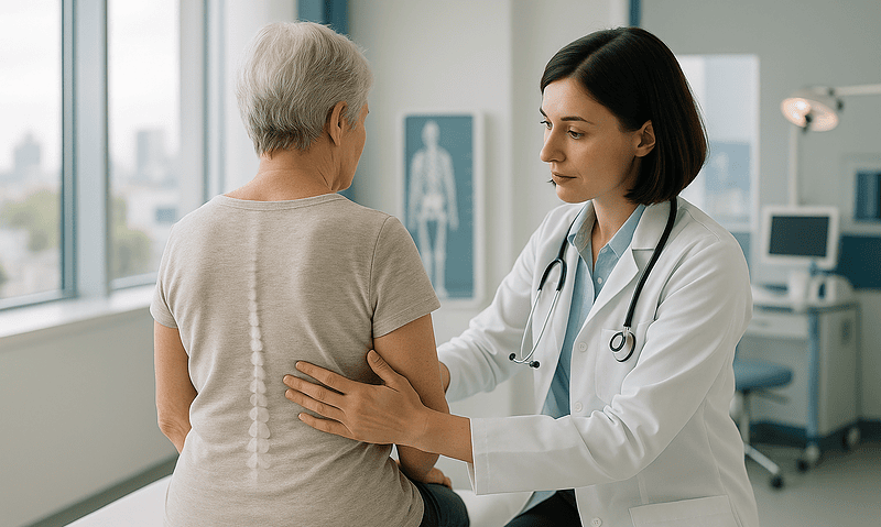 Doctor examining a patient with back pain in a hospital setting.