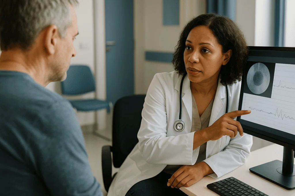 Doctor explaining medical images to patient at desk: Anorectal manometry results explained: what the numbers mean