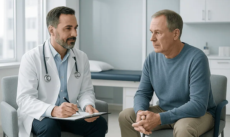 Doctor consulting with a male patient in a medical office setting.