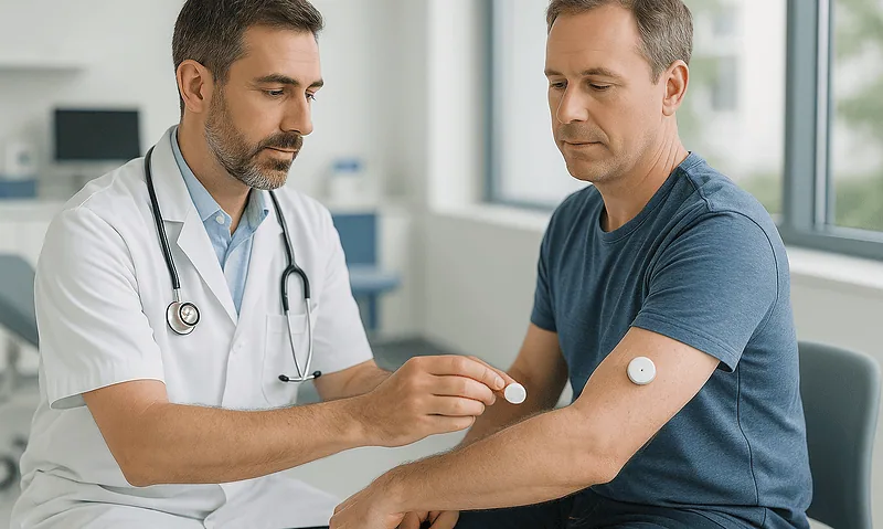 Doctor applying a bandage to a patient's arm in a medical clinic.