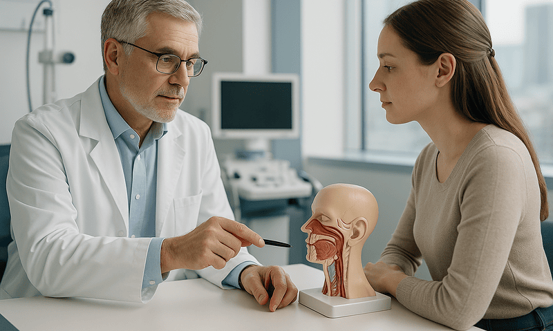 ENT specialist explaining nasal anatomy to a patient with a model.