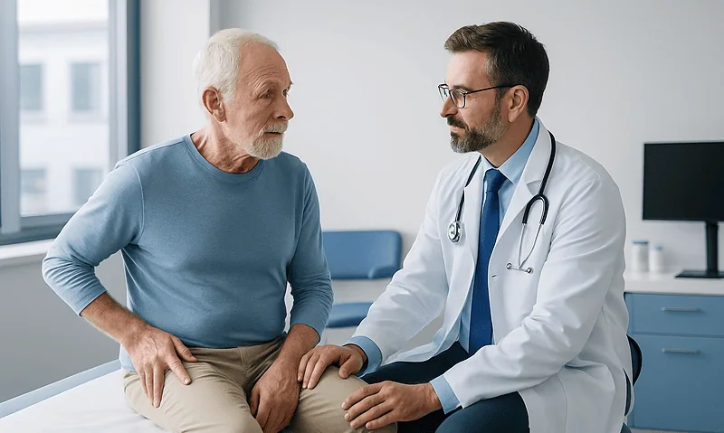 Doctor consulting with elderly patient in a hospital room.