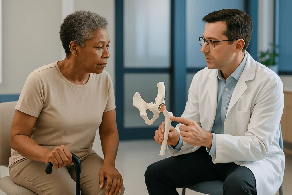 Doctor showing hip bone model to female patient: Anterior vs posterior hip replacement: what the evidence really shows