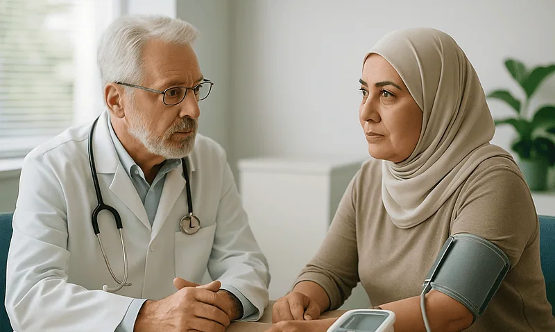 Doctor consulting with a woman patient in a medical office.
