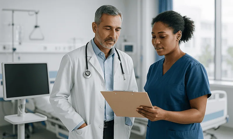 Doctor and nurse discussing patient care in hospital setting.