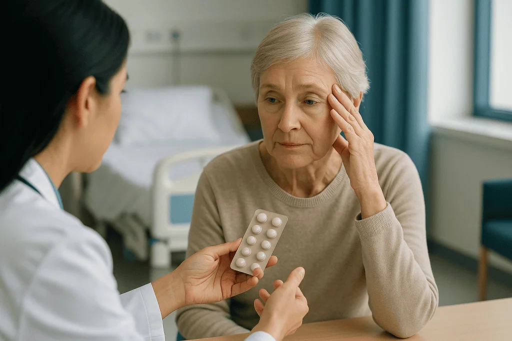 Healthcare provider consulting elderly patient about medications: Anticholinergic bladder medication and the brain: the memo