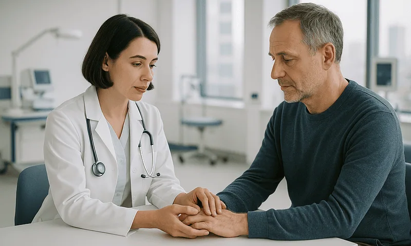 Doctor comforting a patient in a medical consultation room.