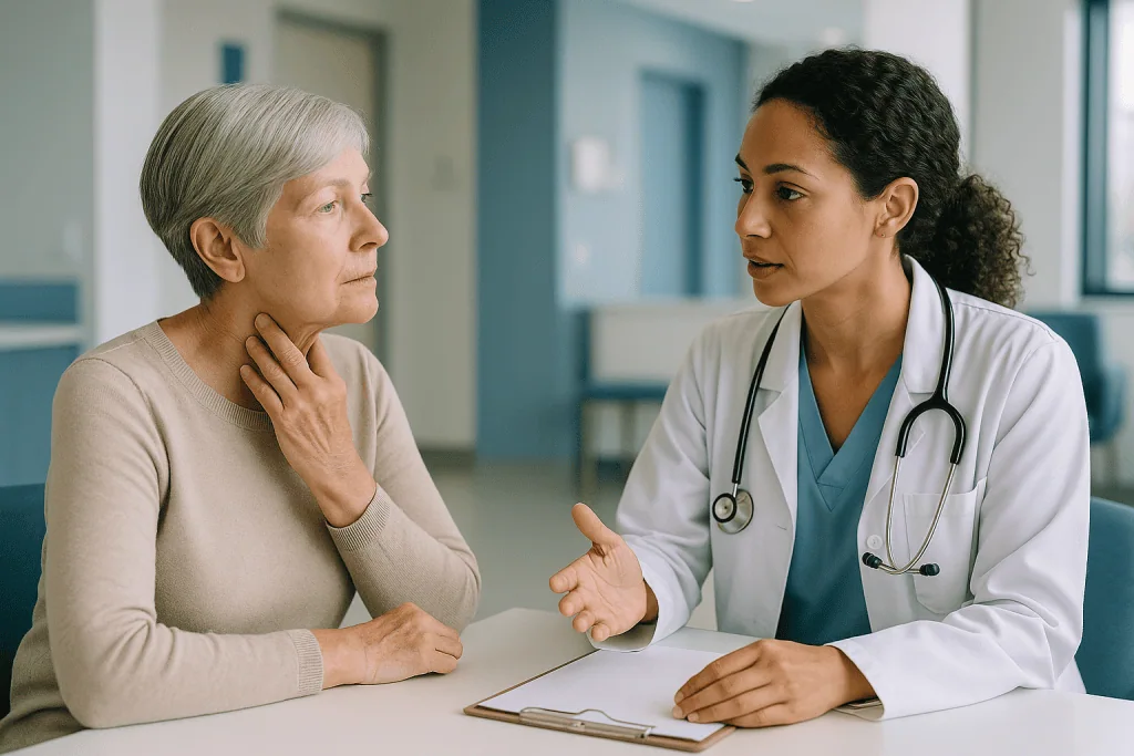 Doctor consulting with elderly patient in clinical setting: Antithyroid drugs vs surgery: when is a thyroidectomy chosen ins