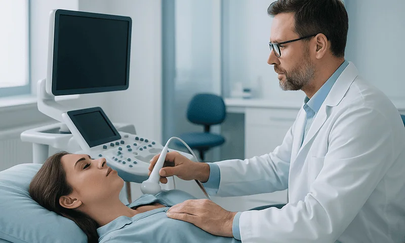 Doctor performing an ultrasound on a patient in a medical clinic.