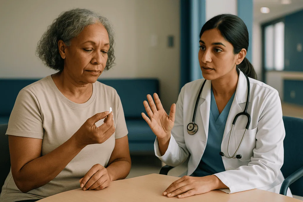 Doctor consulting with older female patient in clinic: Antithyroid medicines and surgery: two very different ways the swing 