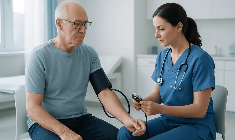 Doctor measuring blood pressure of an elderly male patient in clinic.