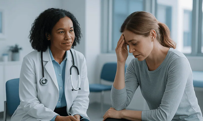 Doctor consulting with a patient experiencing dizziness and anxiety.