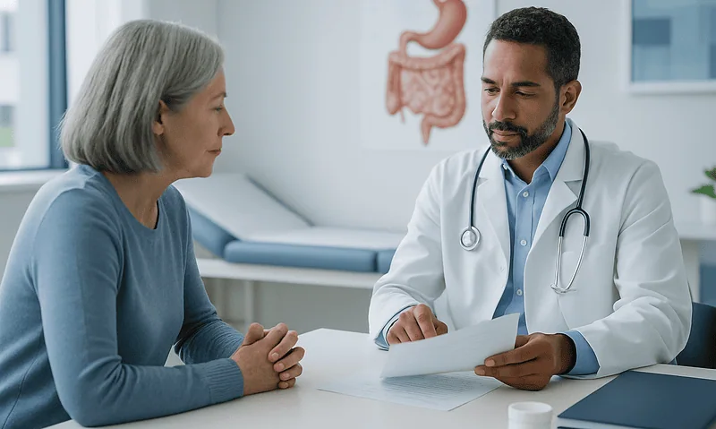 Doctor consulting with an elderly woman about digestive health in a medical office.