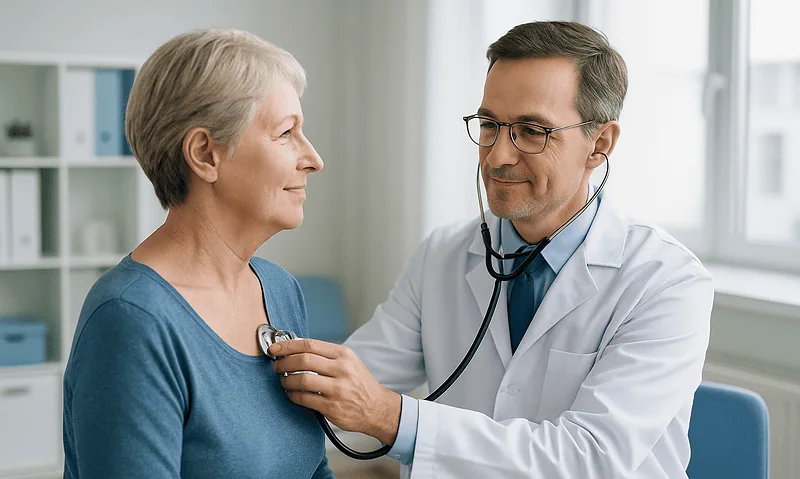 Doctor examining a senior woman with a stethoscope in a medical office.