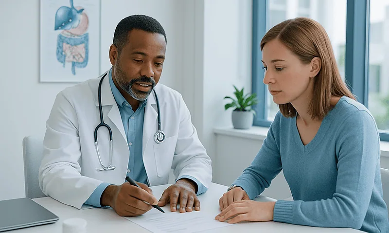 Doctor consulting with a patient about stomach health in a medical office.