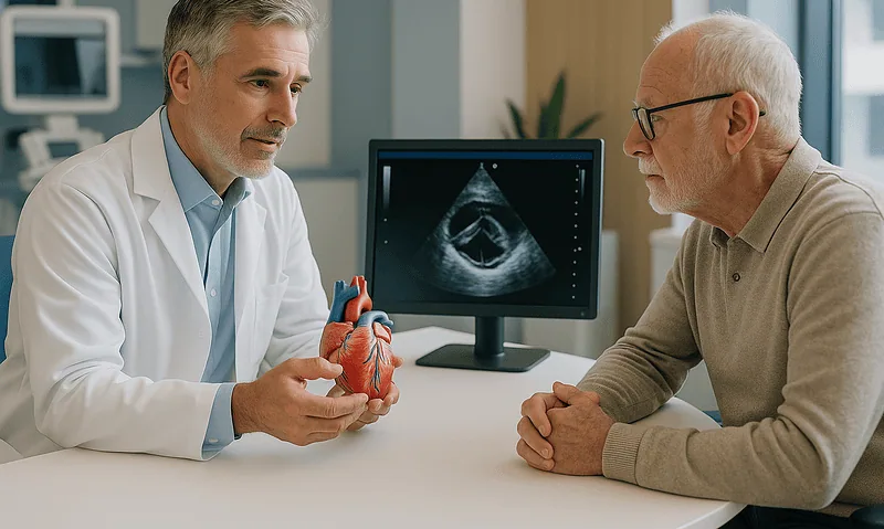 Cardiologist explaining heart health to an elderly patient with ultrasound image in background.