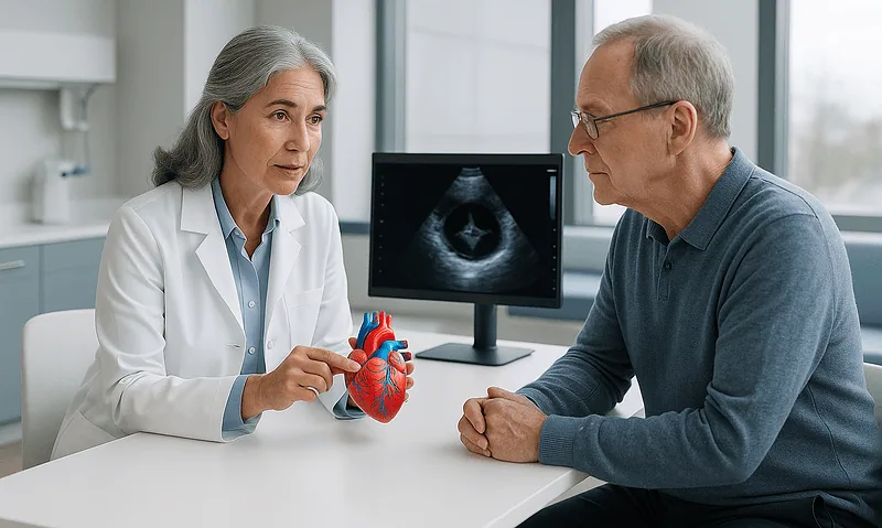 Doctor explaining heart health to a patient with ultrasound image in background.