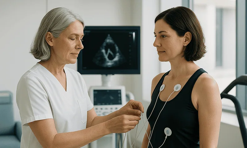 Doctor performing an echocardiogram on a woman patient in a medical clinic.
