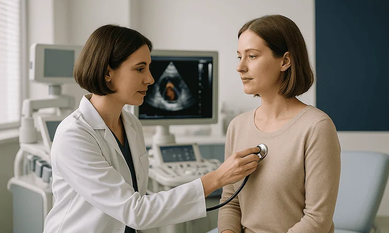 Doctor examining a woman with an ultrasound device in a medical clinic.