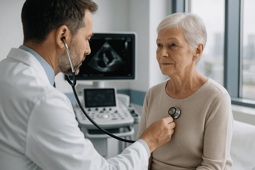 Aortic Stenosis 1 Doctor examining elderly woman for heart health in clinic.