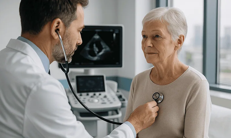 Doctor examining elderly woman for heart health in clinic.