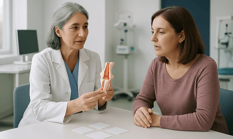 Doctor explaining speech therapy to a patient in a medical consultation.